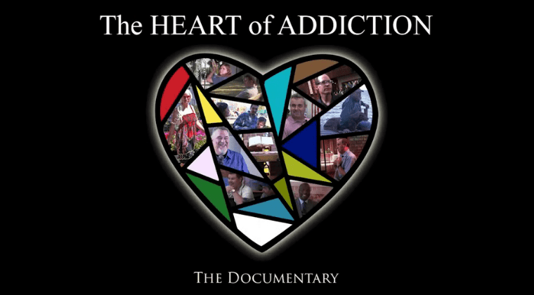 Heart of Addiction The Documentary cover art featuring many different men and women snapshots and a bible all forming the shape of a heart