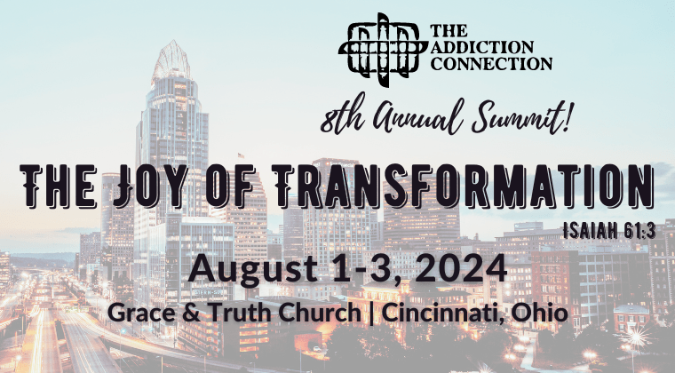 city view of skyline of Cincinnati large well lit buildings dusk traffic break lights headlights Eighth annual summit The Addiction Connection Joy of Transformation Grace and Truth Church Cincinnati Ohio August 1-3, 2024 